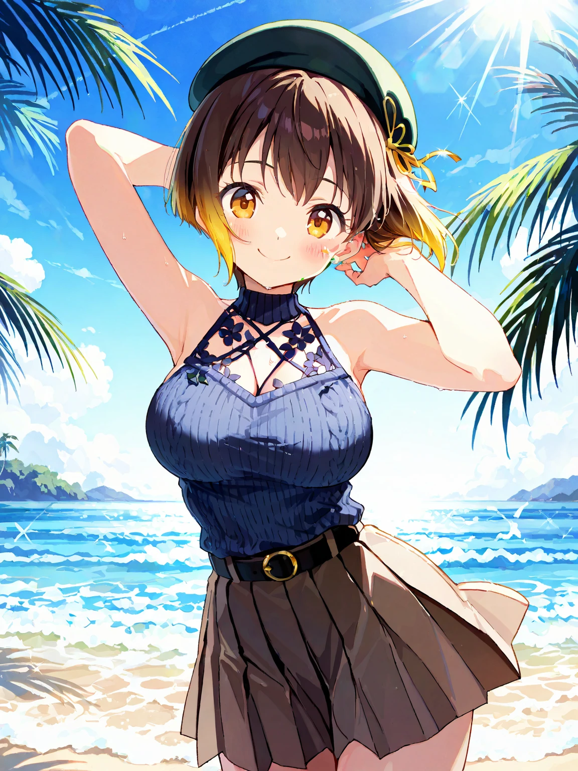 (masterpiece:2.2,4K ,8k, Highest quality, Ultra-high resolution, Super detailed),Beautiful detailed hair, Beautiful Lips，Highly detailed face, Beautiful attention to detail, Beautiful clavicle, Beautiful body, Beautiful breasts, Beautiful thighs, Beautiful feet, Beautiful fingers, Symmetrical face, Perfect Face,，( Wearing yellow clothes and an apron)、、(Beauty)，((whole body))，noon間，Show your face， (Beautiful and detailed female genitalia), Dynamic pose､gravure､Dynamic Angle、Dramatic lighting,Cinematic、(smile：0.5，in trouble：2，Embarrassed：1.5)，((Showing off female genitalia))，(((Grab clothes，Undressing)))，Take off your clothes，noon，beach，(The ocean is visible from the center of the subject.)，(Big Breasts：2)，(Crumble clothes)，((dynamic：2))，Absurd，((pubic hair))，(My hair flutters in the wind，The wind blows away clothes，The wind takes off your clothes)，(Wide angle：2)，半naked，Nipples，((Vision))，plant，Hibiscus flowers fluttering，(((naked：2)))