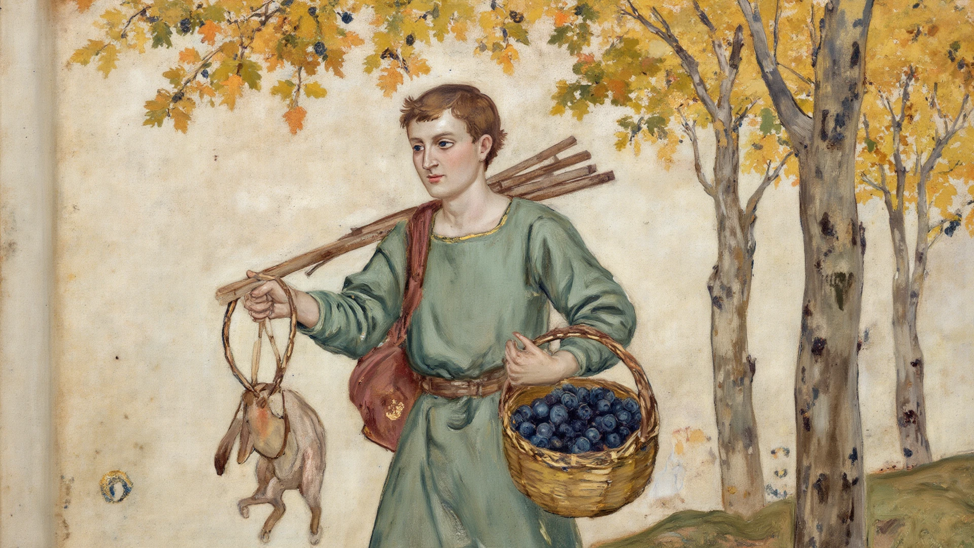 ((Pre-Raphaelite painting of a small Celtic child boy smiling blond angelic face holds a basket of hazelnuts, paisagem celta com muitas aveleiras)))