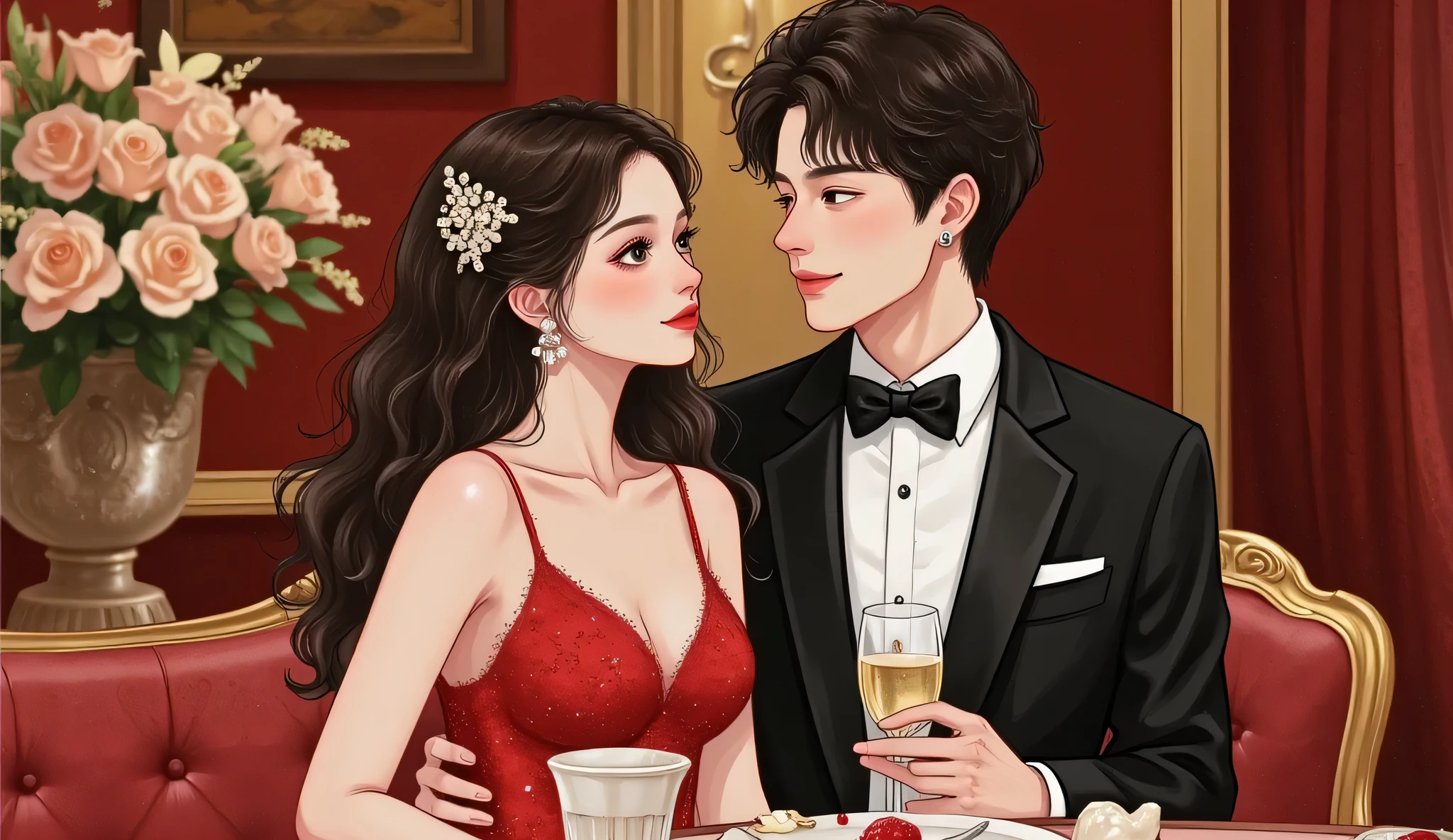a man and a woman are standing next to a table full of food, 1girl, 1boy, table, breasts, closed eyes, brown hair, indoors, kitchen, open mouth, hair bun, cleavage, smile