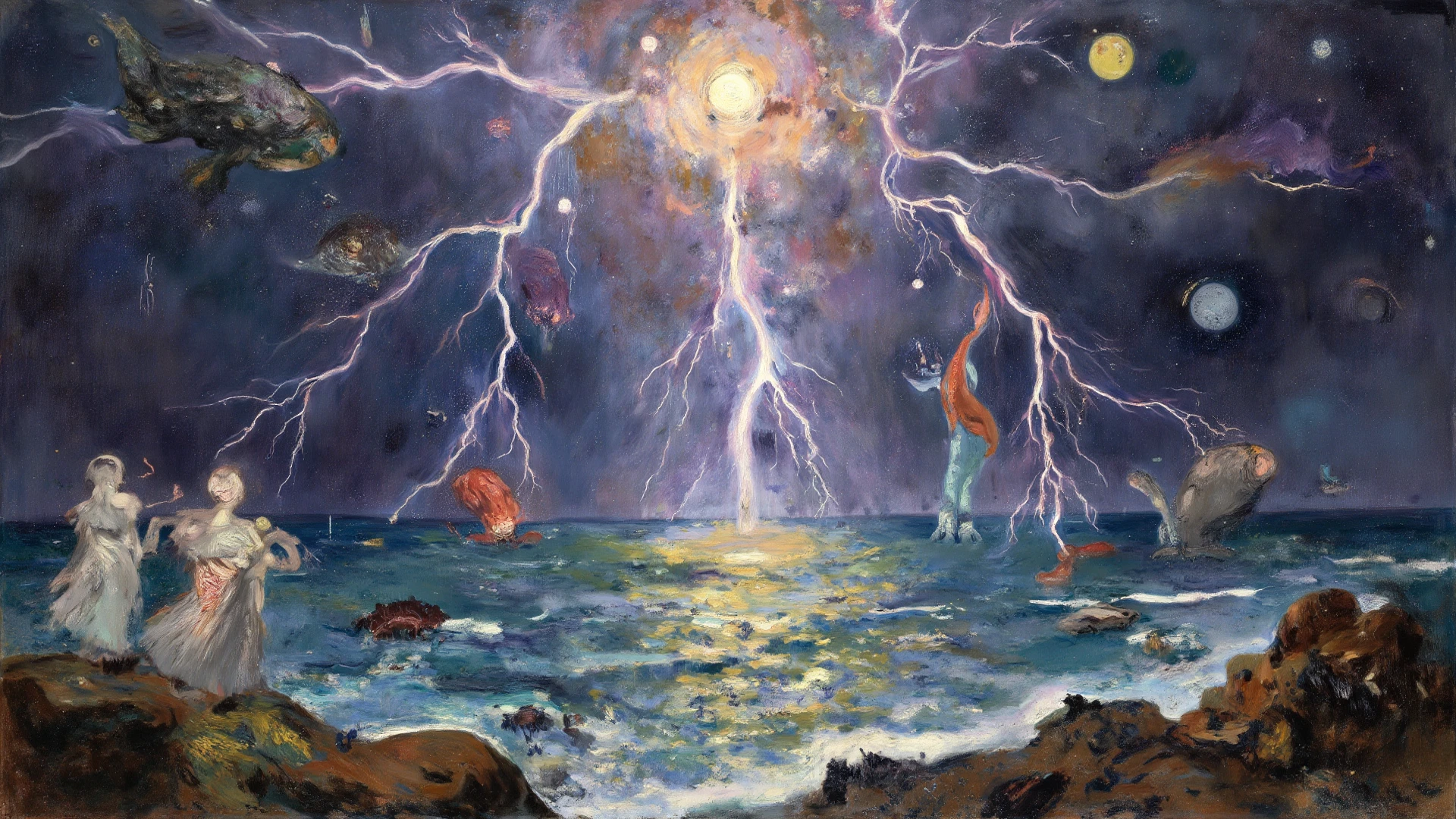 Create an illustration from Greek mythology that represents the beginning of the world with some primordial beings