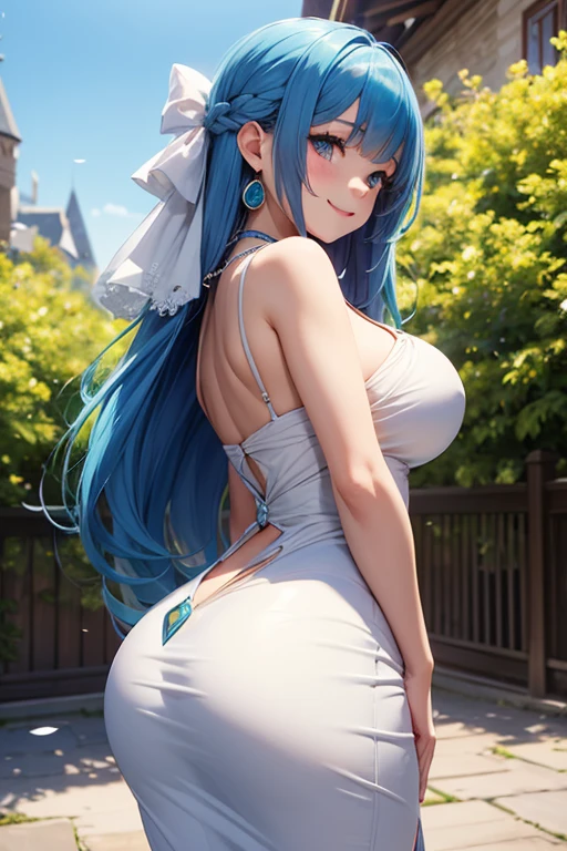 photorealistic, high resolution, 1women, mature female, solo, hips up, china dress, tail, white dress, jewelry, chinese clothes, sleeveless dress, sleeveless, bare shoulders, large breasts, earrings, official alternate costume, thighs, bangs, bracelet, very long hair, colored skin, bead bracelet, beads, signature, arm support, ponytail, tassel earrings, blue hair, braided hair, back view
