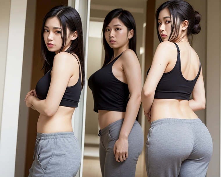 {{{masterpiece}}}High resolution, high resolution, Attention to detail,, Rough skin, Anatomically correct, sharp, Bedroom Background ((japanese milf, 50 years old)), 1 woman standing alone, 1 lady standing alone,((Facial wrinkles)), Shapely large breasts, Short Bob Hair, Chubby body type, (((Accentuate your butt))) ,White blouse, Grey tight skirt,Big Ass、Look Down、landscape,A gentle smile、A gaze that seduces viewers,detailed face,detailed eyes,detailed lips,
