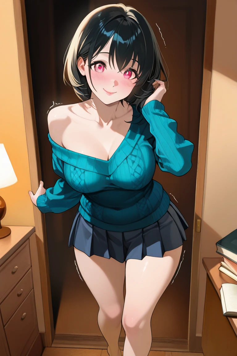 (dynamic angle:1.3, front view:1.1, breast focus:1.3, from below:1.2), (dynamic posing:1.5, sexy posing:1.2, leaning forward), (seductive smiling:1.3), ((looking at viewer, holding a cake)),highest quality、(real、photorealistic:1.4),(ultra high resolution, 8K RAW photo, clear focus), best qualtiy, natural lighting, field depth, (Bright pupils, detailed beautiful eyes, high detailed face), Red lip, (tight focus:1.2, from below), sexy posing, a girl 22yo old, teacher, wearing a , bootyshorts, Thicc, thin breast, long hair, blue eyes,off-shoulder dress, sweater dress, off-shoulder sweater, red sweater,garter stocking, cleavage:1.1, midriff, black shorts, black thighhighs, thigh strap, pretty girl, (highly detailed beautiful face and eyes,firm breasts),real skin,((black,hair,long pony tail hair)),thin pubic hair,cute,lovely, detailed eyes, This masterpiece is only visually stunning but also tells,(double breasted:1.0,under bust:1.0),(with sparkling eyes and a contagious smile),open mouth, Looking at Viewer,