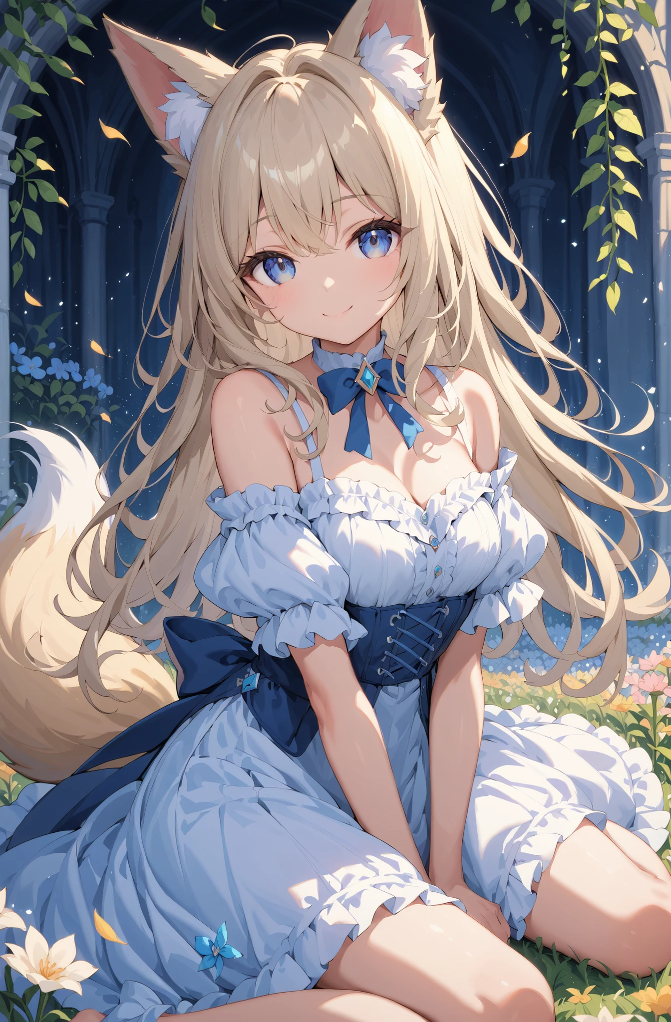 masterpiece、concept art、(very detailed)、 (((masterpiece、top quality))) 、Girl tarry sky、Moonlight:1.2、Flower field、(fox ear、Off-the-Shoulder、platinum blonde、Long Hair、ruffle skirt)、( A soft smile )