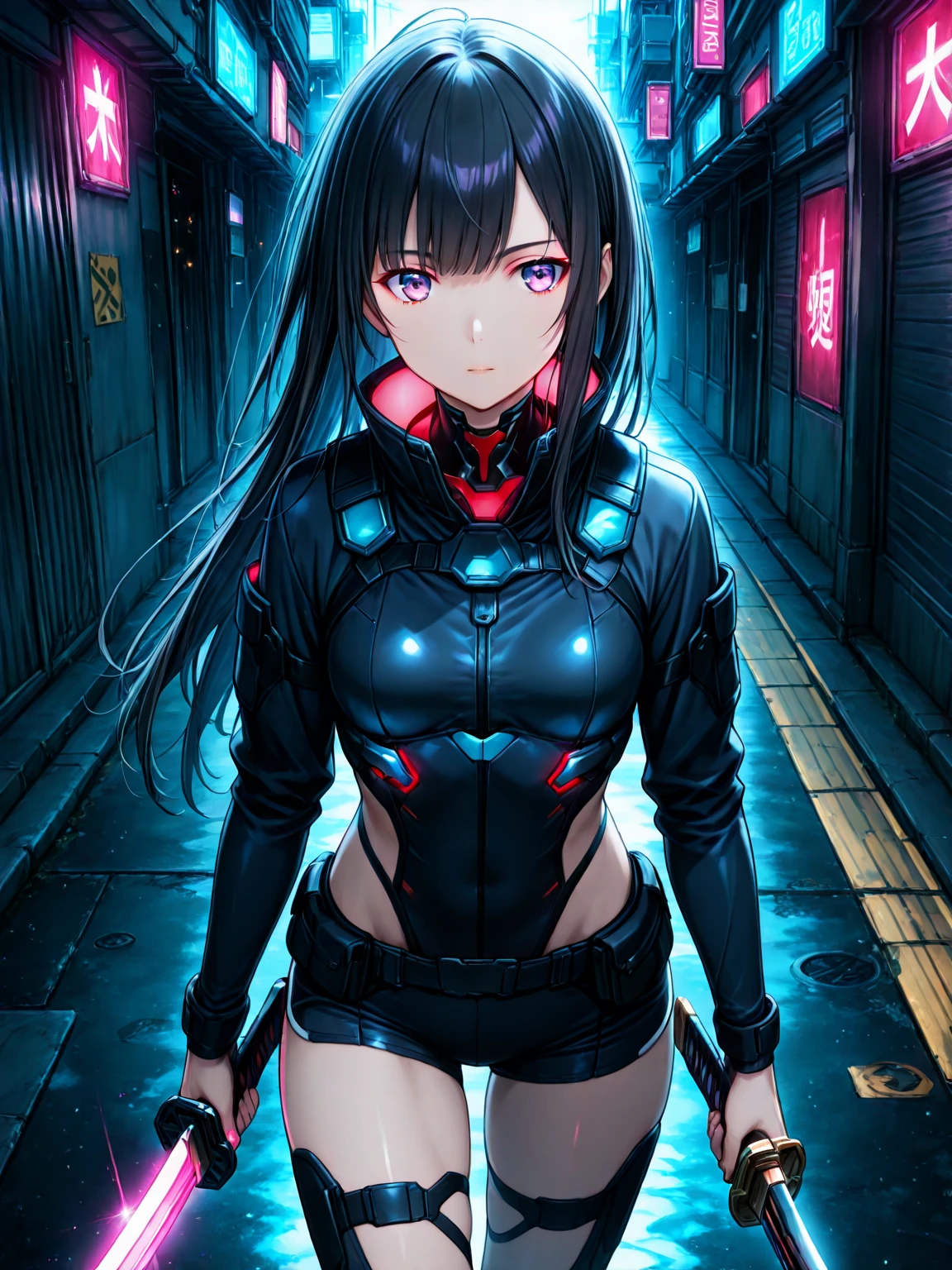 masterpiece , a girl , red very long hair , blue eyes ,  gradient , perfect figure , ( techwear:1.2) , cyberpunk , future , moderne , in cyberpunk city, lite smile , detailed face ,

(8k,  best quality 1.2),  ultra-detailed, 8k uhd,
soft lighting, high quality, film grain,   beautiful lighting,
(cinematic:1.4) ,perfect body , best illumination, best shadow,  sharpness, contrast,