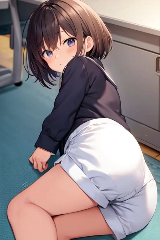 (masterpiece, best quality:1.2), 1girl, solo, scenery, illustration, looking at viewer, school, depth of filed, light on face, portrait, brown hair,
(white panties:1.5), (ass:1.5), kneeling, leaning forward, body tilt, 
 (short, tiny, teenager:1.5), blush, embarrassed, from below, from back, cowboy shot, 
spread legs, dutch angle