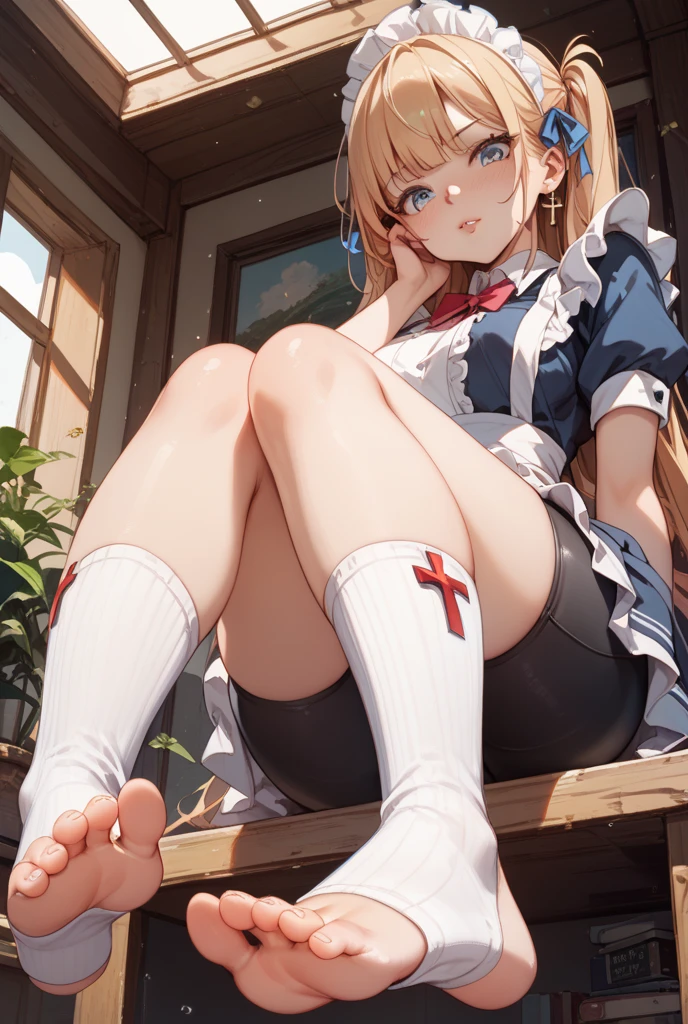 anime styled, The ultra -The high-definition, alice in the wonderland, Super cute girl, ((a blond:1.4)), ((long:1.4)), shame, 恥ずかしさをこらえた表顔てLooking here, light blue fluttering short dress, frilldの付いた白いエプロンスカートを重ねる, frilld, A large white ribbon is tied behind the waist of the dress.. , B-cup breast, Light blue fluttering mini skirt, 両足ともハイソックスは爪先から太ももの半ばあたりまであるlongい白色のknee high, ((knee high:1.4)), and draw the full body, in the forest where bright sunlight shines through, Clothes are disheveled、Chest exposed, teatsが見えている, ((teats:1.4)), Her skirt is disarrayed and her crotch is visible.., 股のFemale genitalsが見えている, ((Female genitals:1.4)), pee, お漏らししてpeeが股から溢れ出ている, Lying on the ground, lying on one's side, Excreted urine runs down the thighs and wets the ground., ((pissing:1.5)), i'Hold out your hand as if inviting me here, Looking here, Please draw from a random direction at a low angle..
