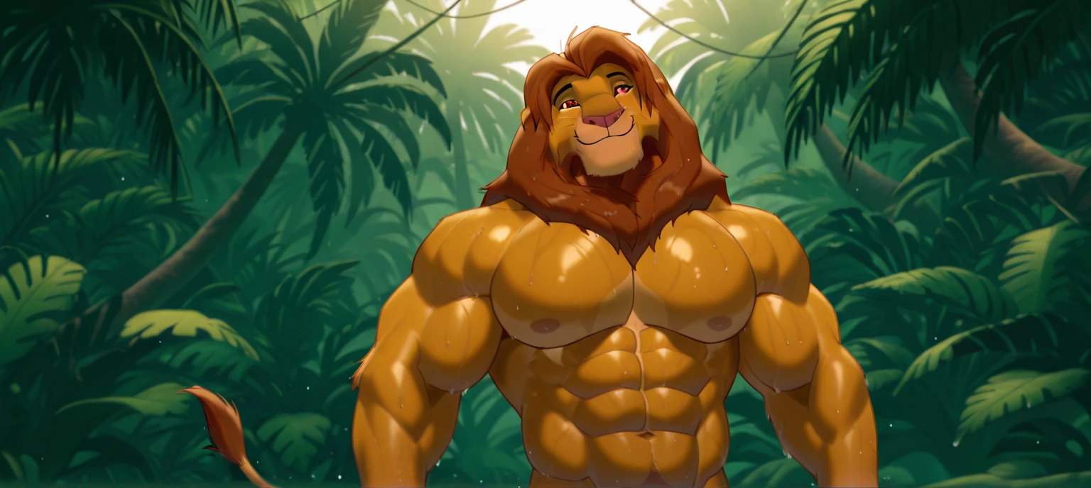 a male lion with a long flowing blonde mane, long and thick fur, beautiful detailed eyes, massive and obese body, big belly, fat belly, muscular arm, muscular pectorals, in a garden, shirtless, portrait, big smile, paw in front of the face to hide the eyes from the sun, (best quality,8k,highres,masterpiece:1.2),ultra-detailed,(realistic,photorealistic,photo-realistic:1.37),HDR,UHD,studio lighting,ultra-fine painting,sharp focus,physically-based rendering,extreme detail description,professional,vivid colors,bokeh,cinematic,extremely detailed eyes and face, correct anatomy