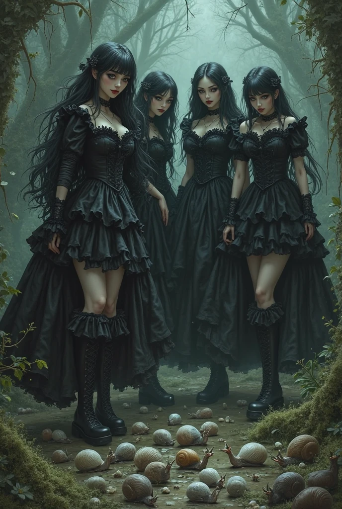 five young ladies,displaying their own power.((one is nightbringer, one is deceiver, one is void and oblivion, one is the burning one, one is the outcast)).((primordial,vampyric,soul eaters, ancient beings,consumers)),((phosporent green,black, pale blue)),(( Full figure wiew)). ((Three quarter wiew)),((deep wiew)),modern suburbs scenario background,photographic,ultra high resolution,hyperdetailed, masterpiece, 3d modelling, digital art.