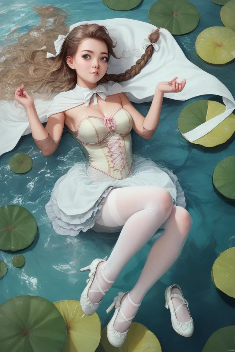 masterpiece, realistic, realism, photorealism, high contrast, photorealistic digital art trending on Artstation 8k HD high definition detailed realistic, young beautiful woman, petite, very small perky breasts, ((blue eyes)), blonde knee long hair, tight white boots, white knee high socks, (no head gear:1.5), ((priestess)), parted lips, art by artgerm and ruan jia and greg rutkowski surreal painting, detailed, skin texture, hyper-detailed, realistic skin texture, side view, garden, lying in a hot spring, head down, drenched