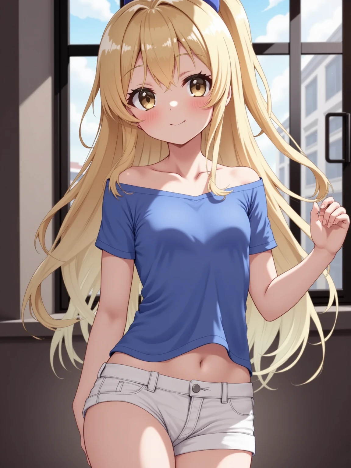 1girl, KeiKaruizawa, smile, looking at viewer, ponytail, hair scrunchie, 
BREAK ((pink blouse), white floral print, bare waist, tight blue jeans:1.2)
BREAK standing,
BREAK (masterpiece:1.2), best quality, high resolution, unity 8k wallpaper,NSFW ,(illustration:0.8), (beautiful detailed eyes:1.6), extremely detailed face, perfect lighting, extremely detailed CG, (perfect hands, perfect anatomy),