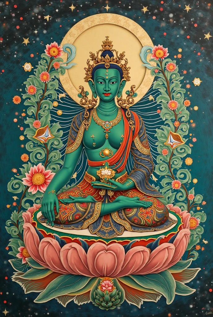 Minimalist Dunhuang fresco style illustration of a tiny monk sitting on the giant hand of Guanyin, the goddess of mercy, Dunhuang frescoes show a high degree of creativity and diversity in the use of color. It combines natural mineral and vegetable pigments such as cinnabar, ochre, stone green and garcinia cambogia, which show thousands of variations in the nuances of shade, light and darkness, sparseness, and the use of soft greens and sepia tones.