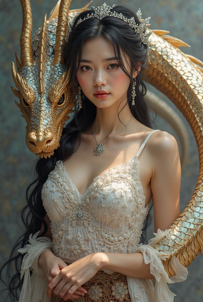 (((super weight milk)))、(A fierce battle with the dragon)、highest quality、masterpiece、ultra high resolution、(白Dragon Armor)、Dragon Armor、(wears a beautiful crown made of precious stones)、(Photoreal:1.4)、Raw photo、1 girl、golden hair、glowing skin、(((chinese dragon)))、（Expression like a gorgeous jewelry necklace）、（Fight against big dragons）、with a beautiful knife、（white metal bodysuit）、(beautiful forest background)、sheer cliff、(Small LED)、((Super realistic details))、Portrait、global illumination、shadow、octane rendering、8K、super vivid、big breasts、Raw skin exposed in cleavage、Metal、intricate ornamental details、japanese details、yellow eyes、shining eyes、facing the camera、neon detail mechanical limbs）、（Blood vessels connected to the ductechanical vertebrae attached to the back、mechanical cervical vertebrae）Worn on the neck、(Wires or cables connected to the head)、Mechanical thigh、two stock、(Hands are also machine made)、(veil)、
