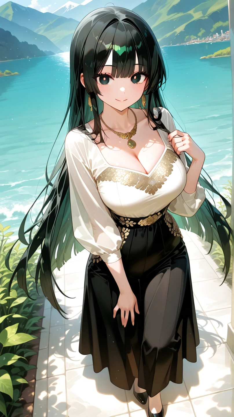 A stunning woman in her mid-50s, exuding an irresistible charm and confidence. Her raven-black hair, streaked with strands of silver, cascades down her back in luscious waves. Her eyes, a deep shade of emerald green, sparkle with an inner light that seems to capture the essence of her spirit. She has a curvaceous figure, emphasized by her full hips and wide-set legs. Her ample bosom is the centerpiece of her figure, with large, firm breasts that defy gravity, held up by a delicate lace bra. Her smooth, tanned skin is flawless, with only the slightest hint of wrinkles around her eyes and mouth, telling stories of a life well-lived. She wears a form-fitting, knee-length dress in a rich burgundy hue, accentuating her hourglass figure and drawing the viewer's eye to her voluptuous curves. Around her neck, she sports a simple gold chain with a small, intricately designed pendant that hangs between her breasts, drawing attention to her ample cleavage. Standing barefoot in a field of wildflowers, she seems to be basking in the warm glow of the setting sun, her face upturned to the sky, revealing a contented smile that speaks of a life lived to the fullest.