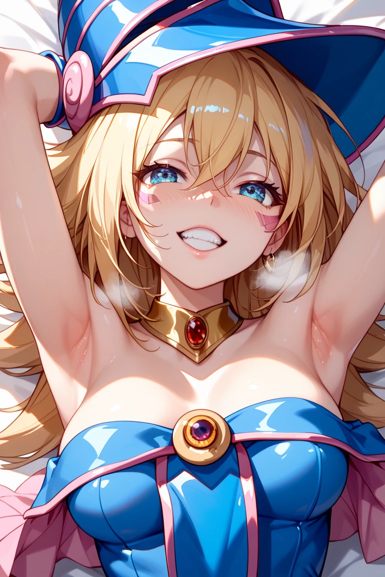 (masterpiece, best quality, ultra-detailed, highres, best illustration), 1girl, beautiful ,crying tears of joy, happy (tears, crying:1.2), smile, <lora:SAC:0.8>, hmdmg1, wizard hat, blush, blush stickers, cleavage, bare shoulders, dress, off shoulder, <lora:dark_magician_girl_v3:1>, <lora:Mild detail adjusterV10:1>