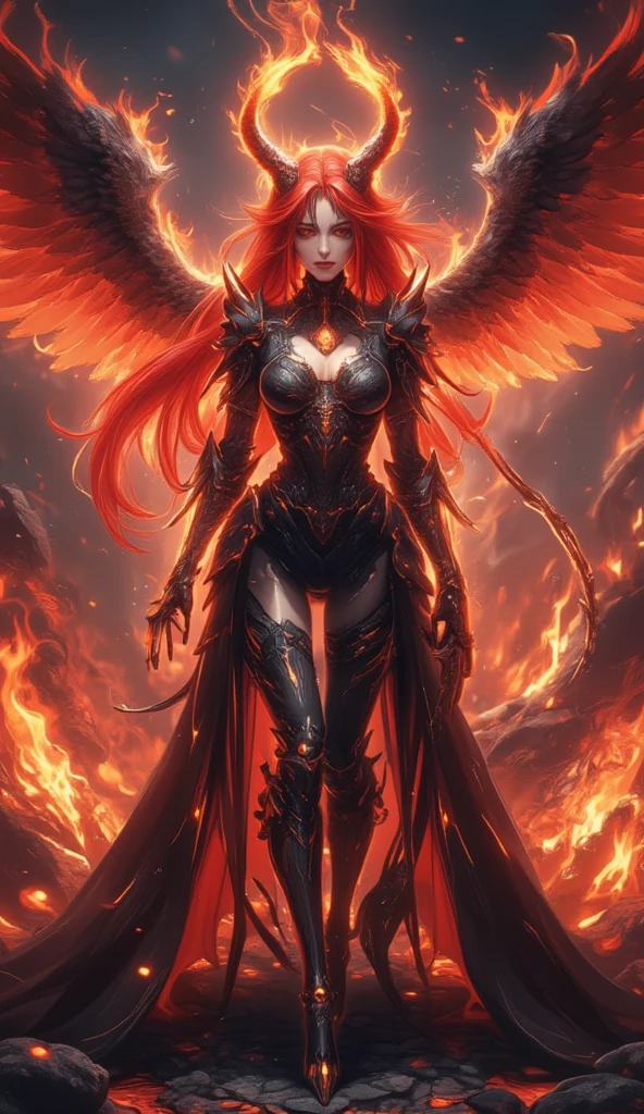 (Best quality, masterpiece, ArtStation, Fantasy Art:1.2), (fullbody), 1 adult woman, single character, fallen angel, (((black and red large flaming wings))), ((large feathered wings)), sexy and beautiful, dark aura, dark angel, Beautiful nails, Depicted in detail, Detailed face, realistic skin textures, Vivid details, Anatomically correct hand, Anatomically correct fingers, beautiful face, smile, ((perfect face)), Super Detail, hellish background, hellish castle hall, black fantasy dress, (((dark orange hair))), (((hips long hair))), looking at the camera, flaming halo, wide angle, dark beauty, top model body