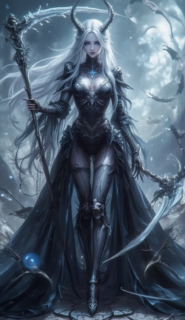 A seductive women demon  with scales for skin, balancing on a razor-thin edge between worlds, surrounded by swirling mists and shifting shadows. Background of swirling mist and shifting scales, representing the balance and harmony that Libra seeks.