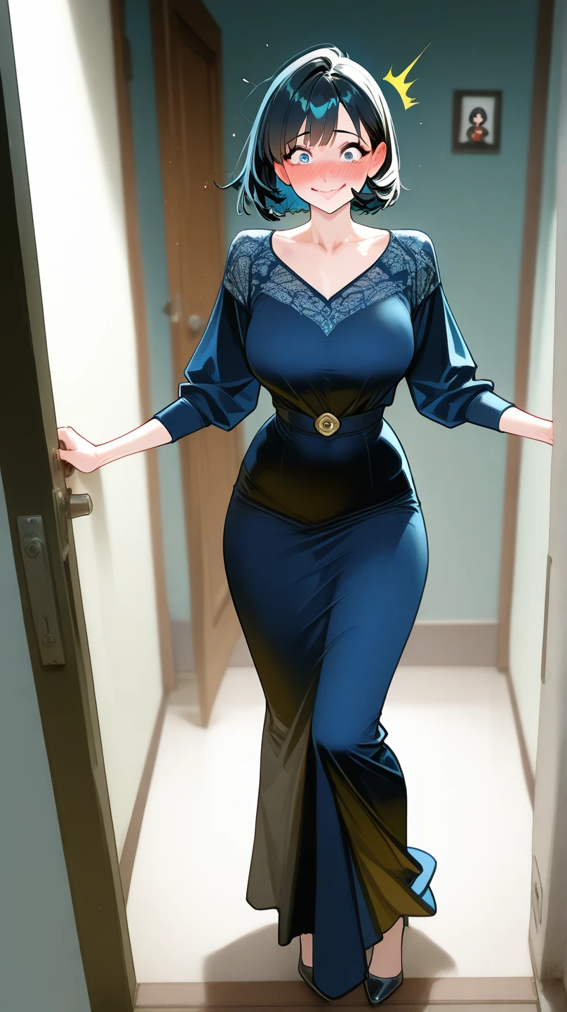 ((Best quality)), ((masterpiece)), (detailed), adult woman, Dress, costs, Good shapes, wide hips, dark hair, Hair shine, confident facial expression , House, long legs, high, confident smile, European, the whole body is visible, life ball