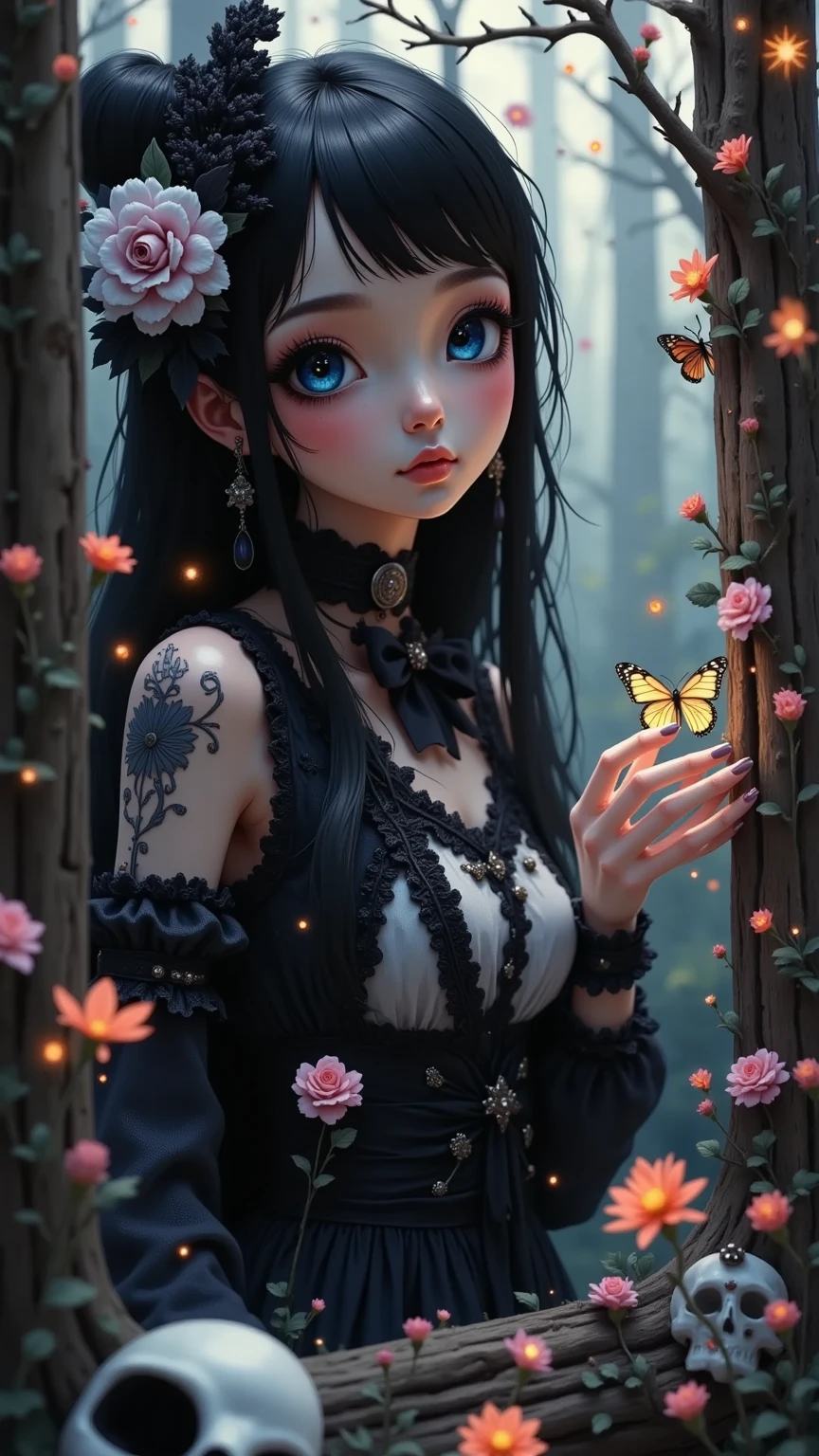high details, best quality, 16k, RAW, [best detailed], masterpiece, best quality, (extremely detailed), full body, ultra wide shot, photorealistic, dark fantasy art, goth art, RPG art, D&D art, a picture of a dark female fairy showing flowers in a florist shop, extremely beautifil fairy, ultra feminine (intense details, Masterpiece, best quality), best detailed face (intense details, Masterpiece, best quality), having wide butterfly wings, spread buterfly wings (intense details, Masterpiece, best quality), dark colors wings (intense details, Masterpiece, best quality), black hair, long hair, shinning hair, flowing hair, shy smile, innocent smile, blue eyes, dark red lips, wearing [red] dress (intense details, Masterpiece, best quality),, dynamic elegant shirt, chocker, wearing high heels, in flower shop (intense details, Masterpiece, best quality), [extreme many flowers] (intense details, Masterpiece, best quality), dark colorful flowers (intense details, Masterpiece, best quality), flower shop in a dark goth era street background, High Detail, Ultra High Quality, High Resolution, 16K Resolution, Ultra HD Pictures, 3D rendering Ultra Realistic, Clear Details, Realistic Detail, Ultra High Definition
