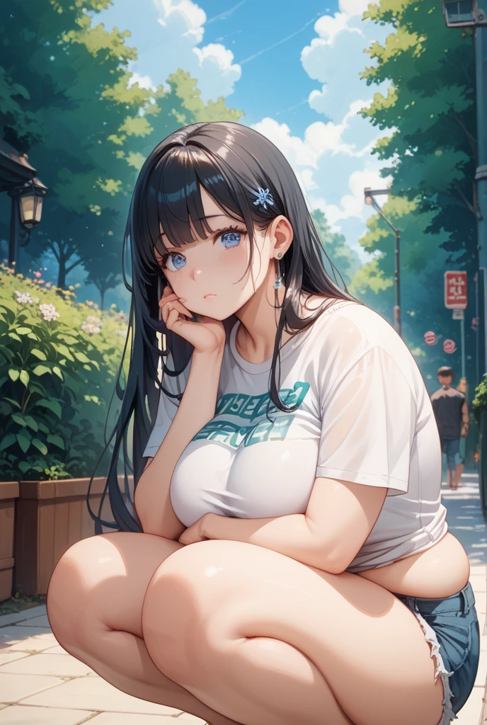 illustration：Ultra-delicate，She has big，25 years old，Wear a purple T-shirt，Loose clothing，Long hair，Mature and stable，big sister，cloudy day，Sitting cross-legged on the floor
