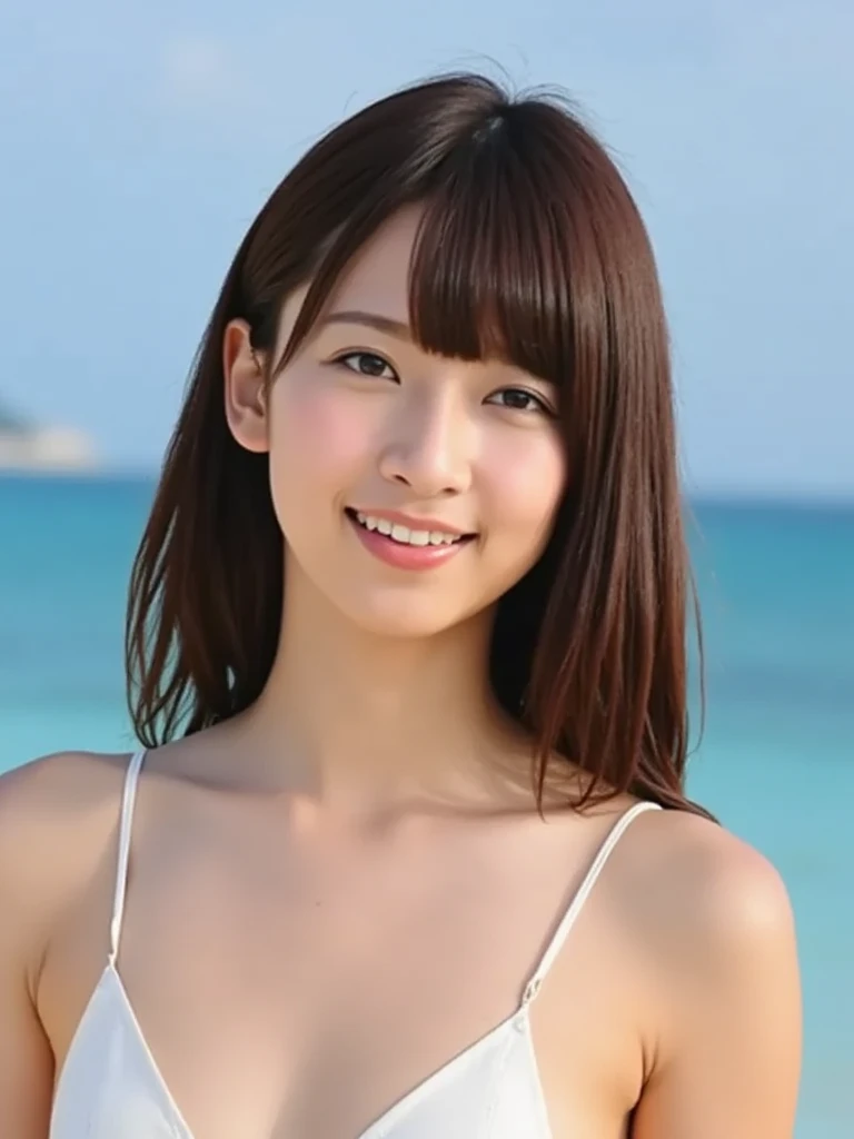 frame in, from right in front of face and body, view straight on, upper body, High quality, very high res, High quality, cute girl, (straight hair:1.2), black hair, forehead, medium hair, cowboy shot, topless, medium breasts, pale pink nipples, hand on the head, smile, at beach