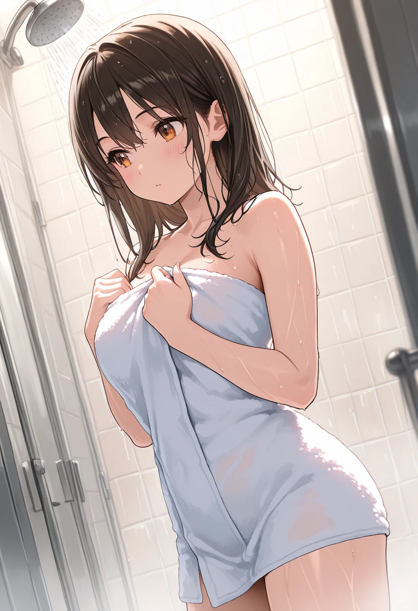 masterpiece, High resolution, perfect face, beauty of japan, 30 years old, beautiful face, shower room, embarrassed look, (top quality eyes), (detailed texture), look at me, Married woman, cool women, (high resolution eyes), black hair, nude, taking shower, from upper
