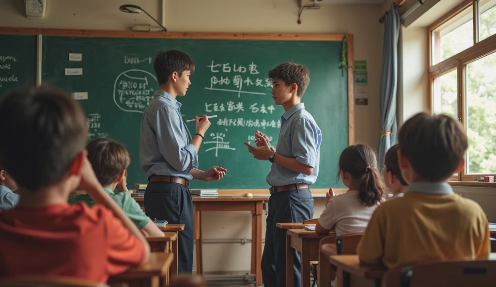 I want to create a poster. It should be realistic   teacher teaching student ,   board  in background, realistic, intricate details, green  colors, green template
Efforts should be seen in the poster