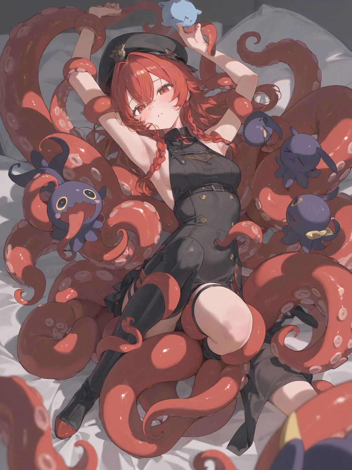 Yayoi Kusama style , horror , Tentacles lifting up a bunny woman , wide hip , (ooze:0.8) , Tentacles wrap around the body , (Tentacles hiding private parts , Tentacles cover the chest) , clothed , lying