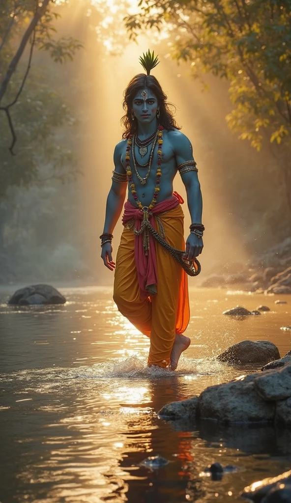 Shri krishna walking in rain with umbrella 
