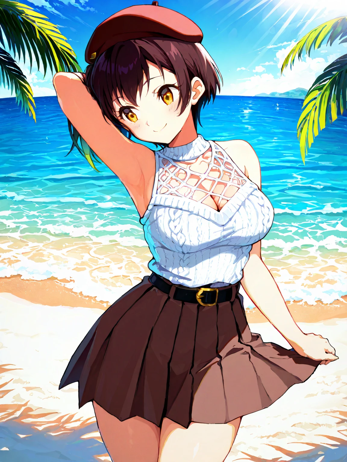 ((Masterpiece)),((high resolution)),((Best Quality)),Anime illustration,((1girl)),,(Black Hair),short hair,Short ponytail,Large, round scarlet eyes,Droopy eyes,smile,15 years old,(Young),baby face and big breasts,large breasts,(low length),(Short),white shoulder sweater,Slit Skirt,Long skirt,Ladylike,Elegant,blue sky,
