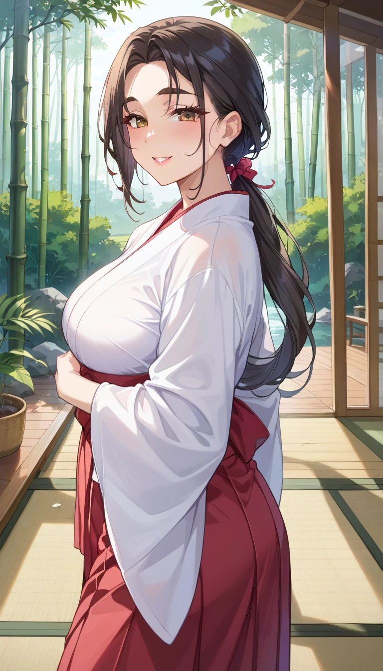 (masterpiece), best quality, expressive black eyes, perfect face, massive boobs, standing, wearing a kimono, cherry blossom trees background, flowers on her head,front facing, black hair, thigh legs , Carla Yeager