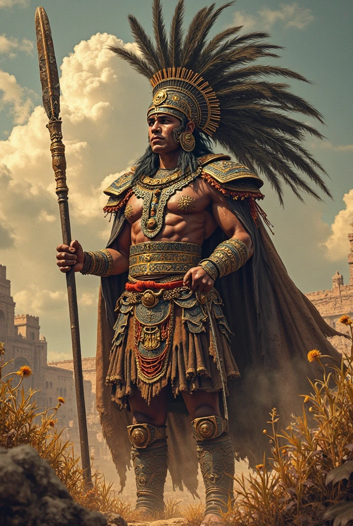Aztec warrior, typical armor, feather helmet, warrior makeup, wielding a spear and shield, Ready to fight, Whole body, yelling, seen from the front, epic perspective, declaration of war