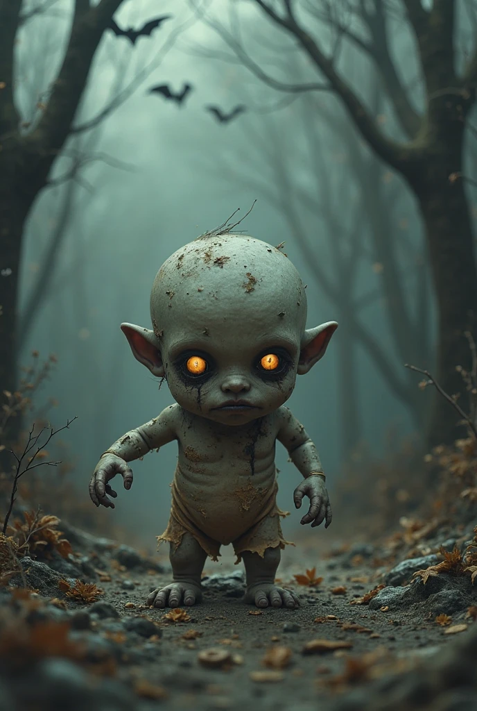 Best image quality, masterpiece, creature with round human face, crying expression, sitting with arms around legs, snowy forest background, detailed skin expression, detailed image texture, brutality, grotesqueness, horror, eerie atmosphere (not AI image), cloudy weather.