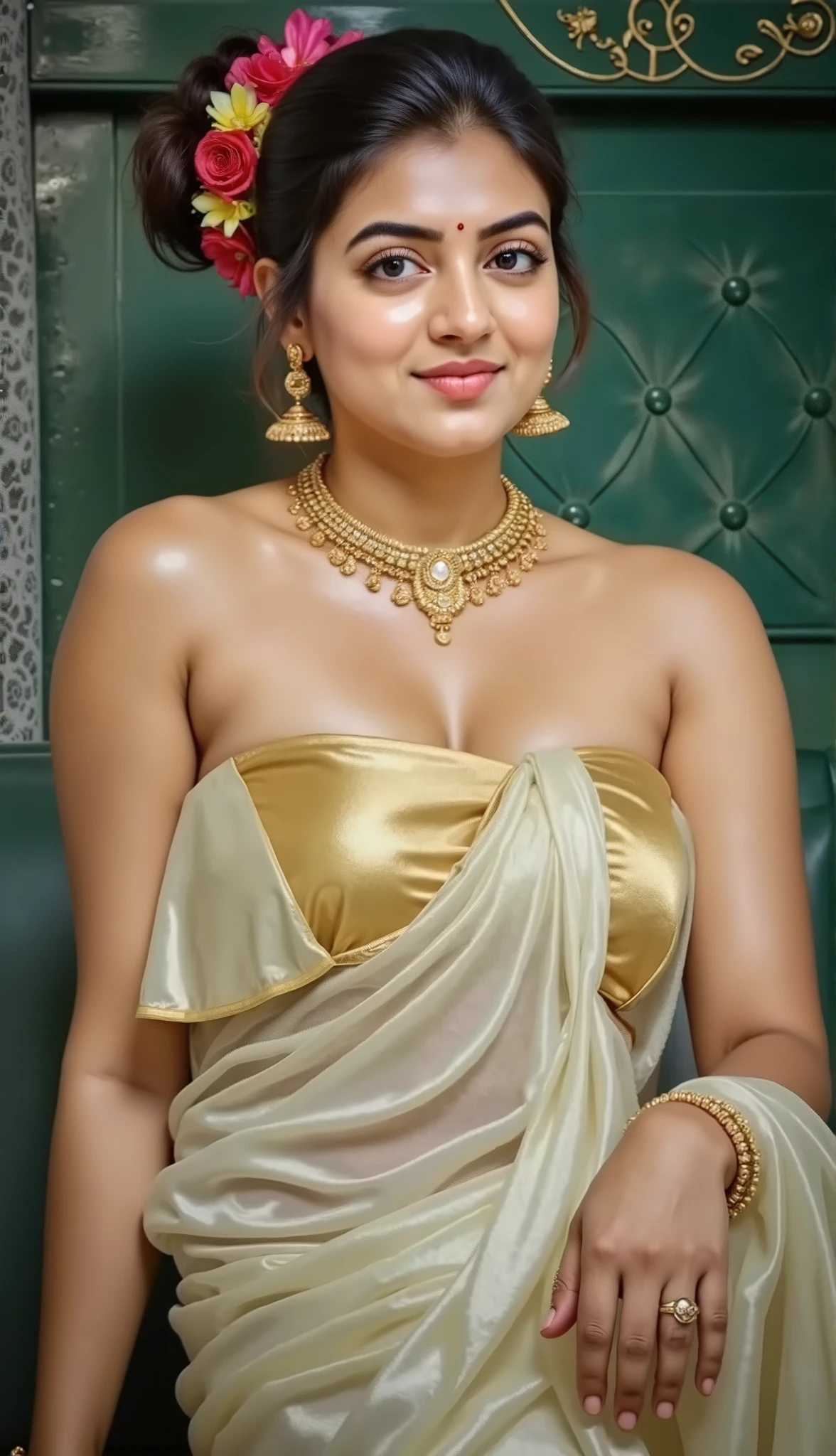 A woman is seated on a plush, tufted beige sofa in a refined indoor setting that exudes elegance. She is dressed in a sheer, light-colored dress with a flowing design, featuring long, draped sleeves that add an ethereal quality to her appearance. Beneath the translucent fabric, a gold bikini is visible, contributing a touch of glamour and luxury. Her attire is complemented by an array of intricate gold jewelry: a multi-layered necklace with a detailed pendant rests against her chest, matching gold earrings dangle from her ears, and bracelets adorn both of her arms. Additionally, she wears ornate anklets on both feet, each featuring elaborate designs that enhance the opulent aesthetic of her look. Her posture is both relaxed and poised, with one leg crossed over the other, her foot gently resting on the sofa. One arm is raised gracefully above her head, while the other rests lightly on her lap, creating a balanced and elegant silhouette. Her long, wavy hair flows naturally over her shoulders, framing her figure and adding to the soft, romantic atmosphere of the scene. The setting is further elevated by the room’s sophisticated decor. Behind her, a large window allows natural light to pour in, filtered through sheer, lace-patterned curtains that cast delicate shadows on the warm, polished wooden floor. The light enhances the room’s warm color palette, which includes shades of beige, gold, and white, creating a harmonious and serene ambiance. The overall composition of the scene reflects a blend of luxury, grace, and tranquility, with meticulous attention to detail in both the woman’s appearance and the surrounding environment.