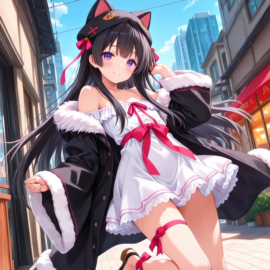 1 chica, long hair slightly wavy slightly past the shoulders, black bangs, small black pigtails on the sides, cute cat ears, beautiful thin red eyes,(tablero del arco iris), (ojos rosados brillantes), (neon light), agotador (sexy transparent red santa claus cosplay:1.2), (falda corta plisada roja), (skirt with a big bow behind), (falda ligeramente hinchada), (upskirt), (bragas blancas de hilo), , (inclinado sobre una mesa), (ella esta teniendo un orgasmo discretamente), por la noche, en un lugar publico, (restaurante al aire libre), (from behind), (Christmas decoration street.), , (calle nevada), (8K), (gigapixel), (HDR), (mirando al espectador).