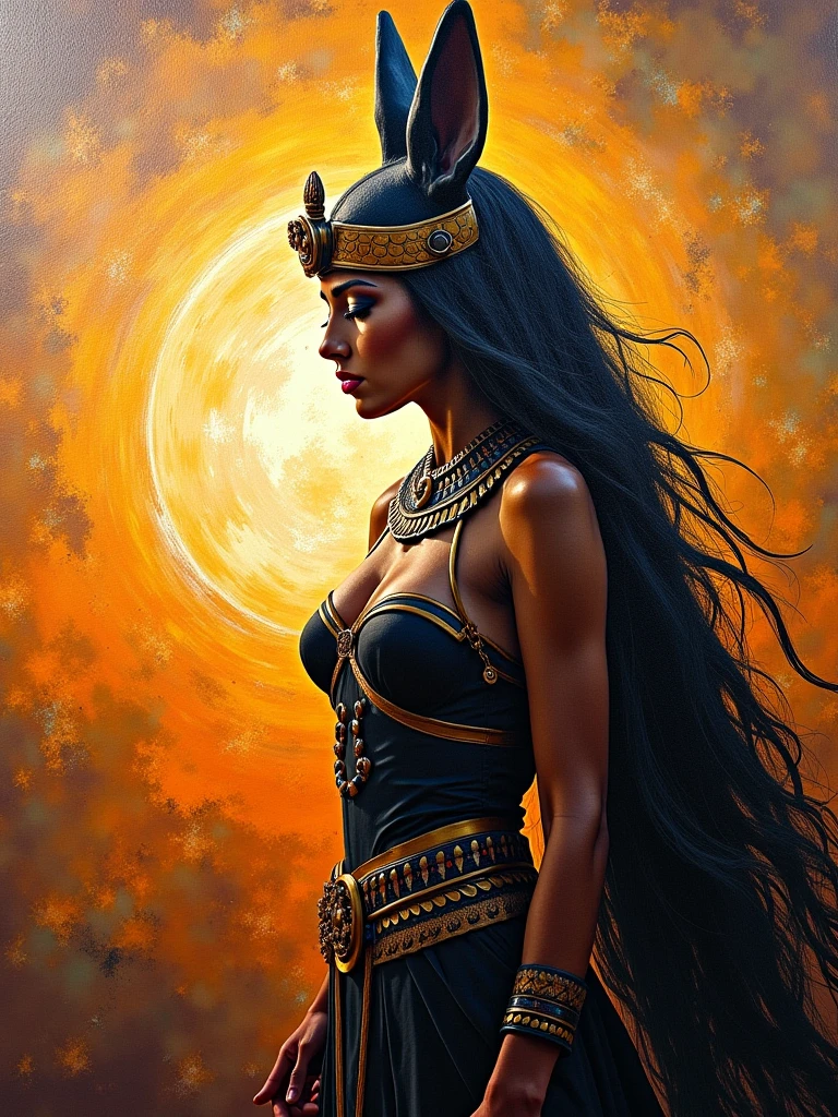 A full body black woman, egyptian, with dreadlocks in her hair, with cat ears, with two black cats beside, one of the cats eating a spaghetti noodle and in the background of the image a yellow full moon.
