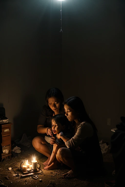 4 year old girl, with few clothes, shy, ashamed and with teary eyes, sitting on a bed, in a luxurious room with dim lights, View from above. night atmosphere, intimate and reddish