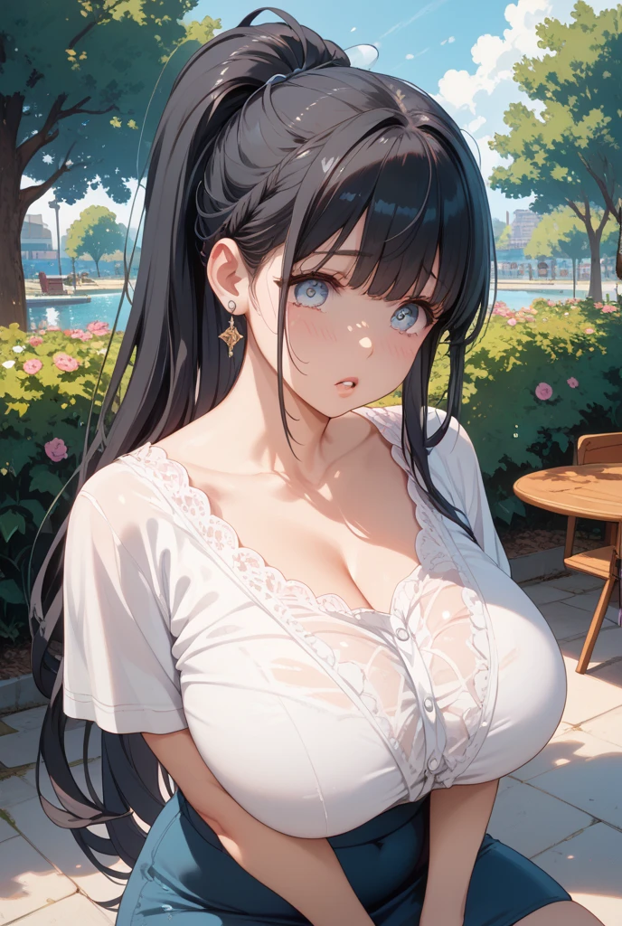 (((masterpiece, best quality))), cute girl, ((extremely detailed girl)), ((huge breasts)), (bare shoulders), cleavage, strapless top