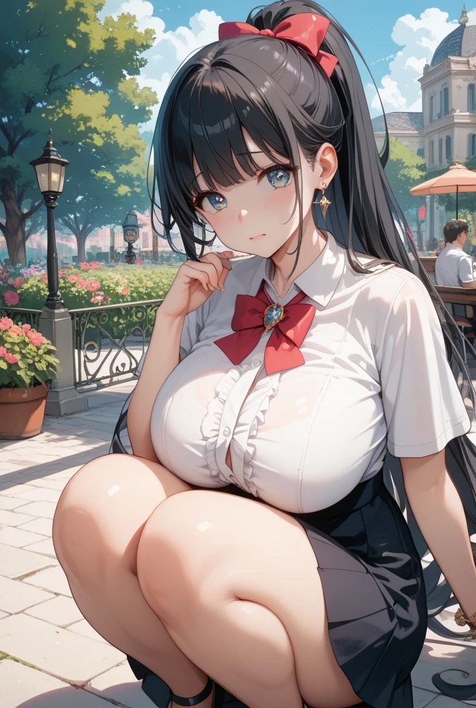 (masterpiece), (1 serious public discipline chairman: 1.3), (super thick and plump body: 1.3), (huge breasts and butt)), (small head: 1.2), (extremely small uniform)), (shiny skin: 1.2), (speech while crouching on the schoolyard morning stand))