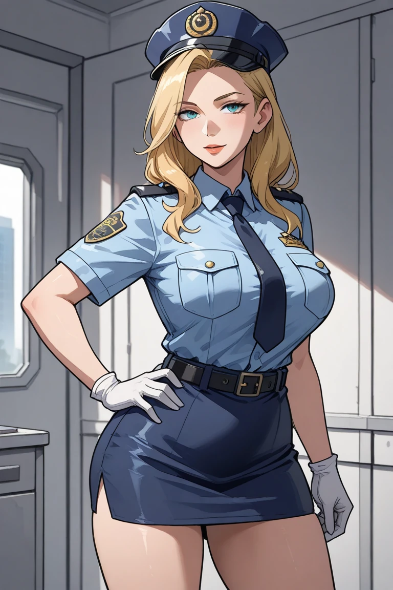 (Best Quality:1.5, High resolution, HD, 4k, detailed lighting, Shaders, perfect hand anatomy), straight blonde hair, busty, nurse costume, neckline, thighs, smiling, to throw, shooting they seek, standing, Hospital history