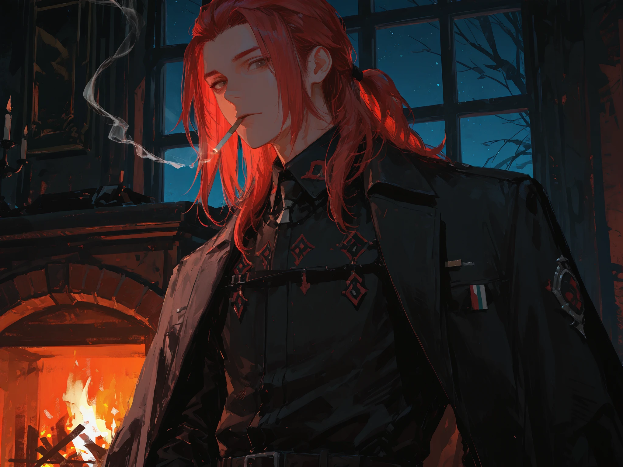 upper shot, dutch angle, looking at viewer, makes an aesthetic, Master piece, Best Quality, ultra detailed, a handsome man, (man:1.5), solo, male long Hair, red hair, male slicked back hair, male low pony-tail, looking down, light smiling, toned, fantasy-style black clothing with a mao collar, cloth with dark red pattern, black mantle, smoking, military office, a fireplace, night, fantasy world