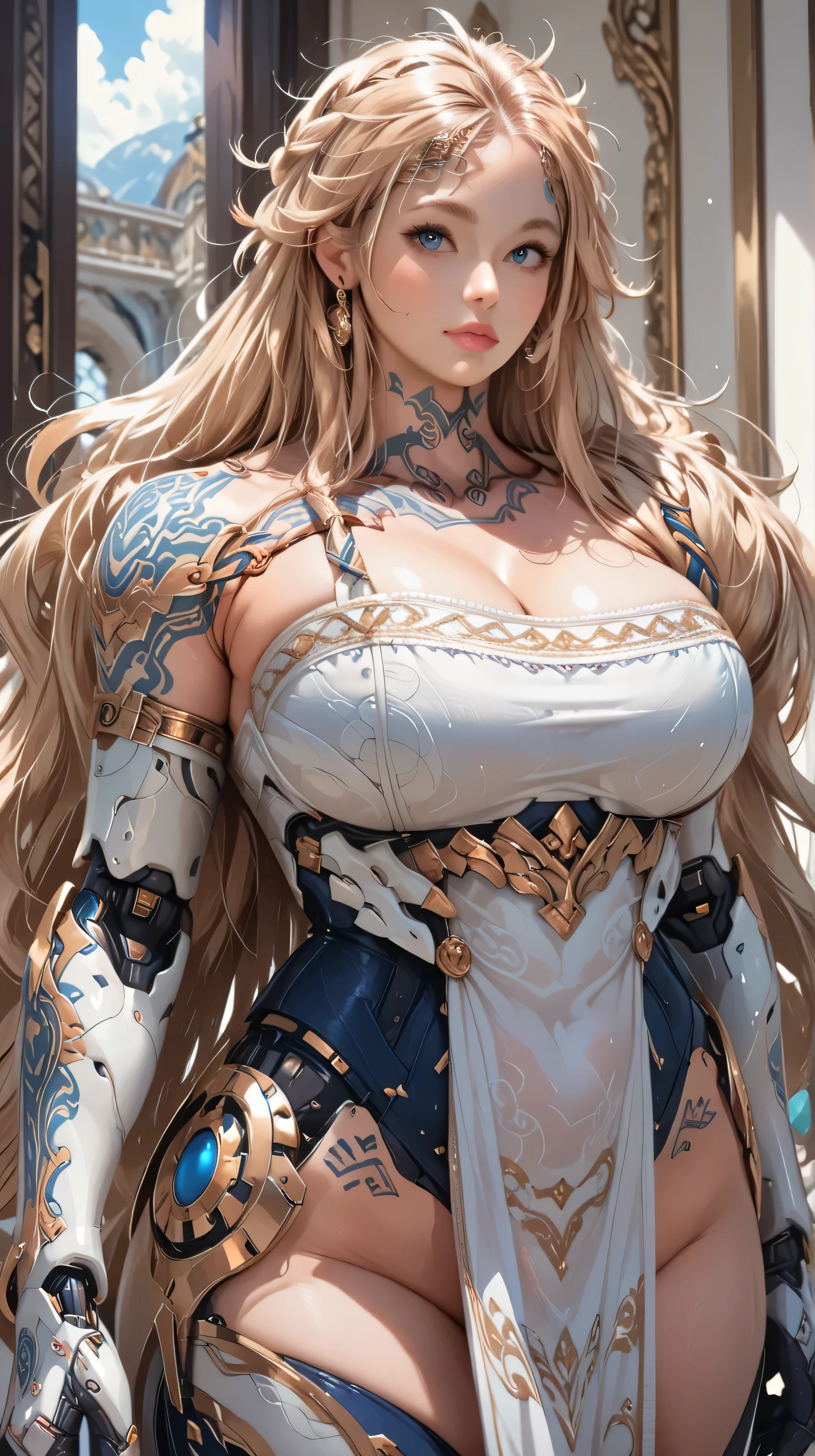 young girl, beautiful, white armor robot, blue eyes, messy hair, blonde hair, long hair, tattoo, big breasts, huge breasts, big body, sexy, thick thighs, earrings, facing front.