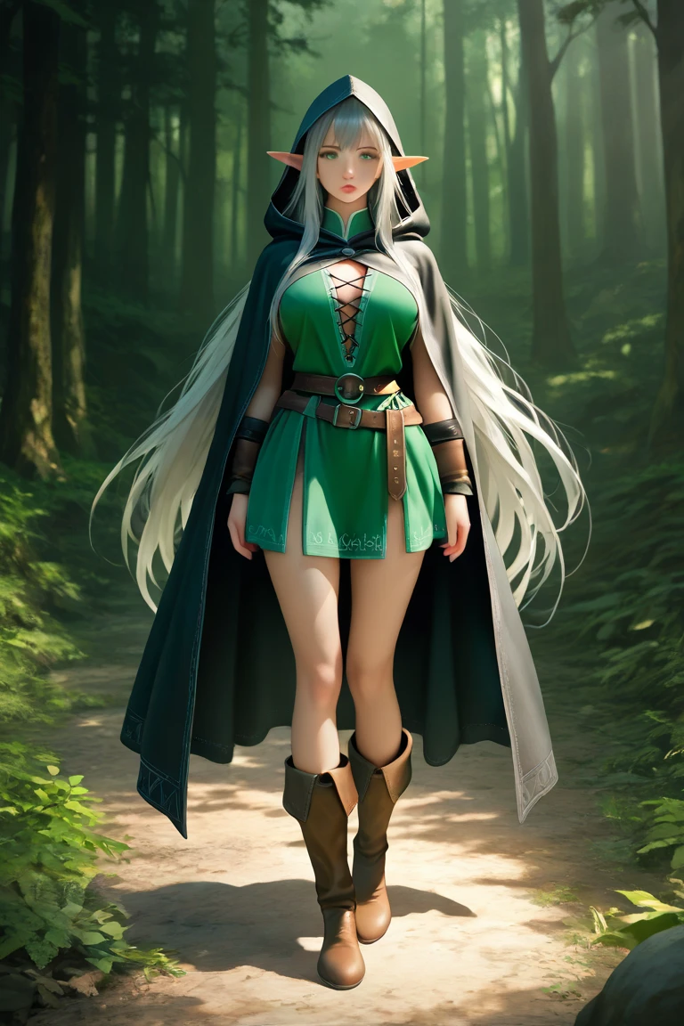 full body shot, a militantly sexy and stunningly beautiful long-haired green-eyed albino elf in a beautiful leather ultra-short skirt and a jacket with deep open cuts stands against the backdrop of a forest thicket on a forest alley shod in short boots, her legs are bare to panties, the back light is the sun's rays through the foliage of trees, front soft fill light,beautiful chiaroscuro on the body,shallow depth of field,high detail,clear focus,detail focus,photorealism,tranding on artstantion,mark ryden style --auto --s2