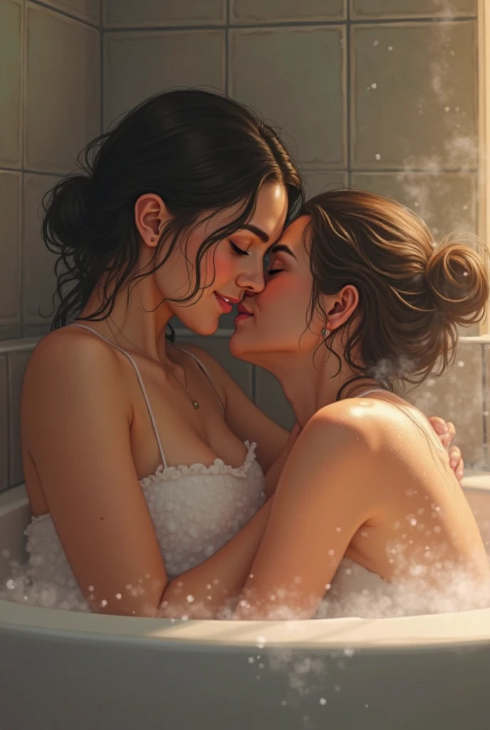 Young lesbians lying completely naked in a big bathtub. Full figure. They are excited. They are making passionate love, their faces are turned towards the pussy. Realistic portrayal, photo quality, lots of light.