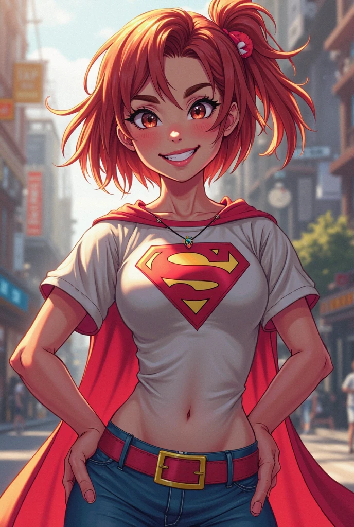 best quality, super fine, 16k, incredibly absurdres, extremely detailed, beautiful cute woman jogging, pink messy short ponytail, looks fun, happy, smile, wearing loose crop shirt, jogging pants, superlative body proportion, sweat, background park running course