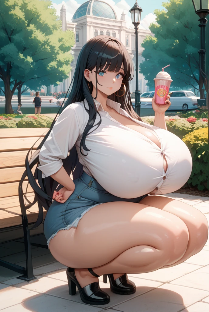 masterpiece, best quality, ultra high res, ultra-detailed, a street with a beautiful palm beach and ocean landscape, sunset, a rock fence behing character, a gyaru, black hair, teal eyes, (gigantic tits and giant cleavage: 1.6), (dense pubic hair: 1.4), (dark skin: 1.6), (yellow sleeveless top, denim mini skirt, black thong, black high boots: 1.4), (a slutty young girl is sitting on a bench with her legs spread wide while licking an ice cream in a very vulgar way and looking mischeviously the viewer : 1.6), lewd slutty face, sweating