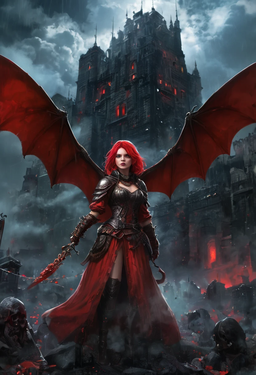 Final Fantasy style, pixelated, character, cartoon, a berserker half-vampire woman, RPG character, legendary heroine, 2D isometric game art, masterpiece, super detail, digital quality at best, red hair, short hair, black cape and hood, red eye, bandage and bandages on face, tanned skin, red bat wings, pointed ears, holding an ax