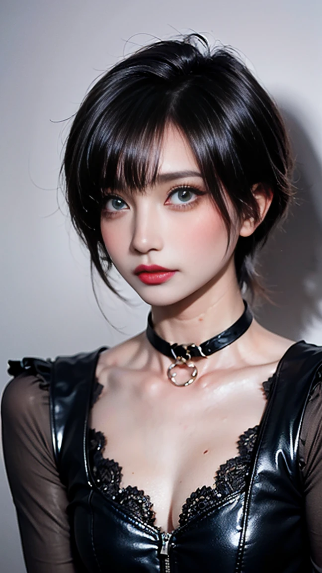hair above one eye, red eyes, clear eyes, choker, open jacket, towards the wall,shining grafiti, shineing tattoos, shine, neon light, Black light,anime style, movie portrait photography, 1 female, 22 years ago, Full body Esbian,Blue eyes background, big and full breasts, Anger, (scarlet colored hair), long hair, purple eyes, wearing a short black dress, (natural skin texture vivid details, surreal, (realistic detailed eyes, natural skin texture, realistic facial details), soft and dramatic lighting, Depth of written boundary, bokeh, vivid details, surreal, 35mm movie, hazy blur, movie,lipstick, ear piercing, eye shadow, hoop earrings, Red-pink lips, Multicolored red eyes, purple theme,Wear an iridescent aura,beautiful eyes,stand in front of the red gate、bold pose、decide on a pose,upper ponytail,Hanging bangs,sit