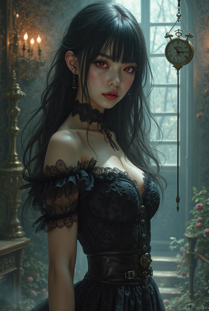 Official Art, Unity 8k wallpaper, super detailed, beautiful, beautiful, masterpiece, best quality,
darkness, atmosphere, mystery, romanticism, creepy, literature, art, fashion, victorian, decoration, intricacies, ironwork, lace, contemplation, emotional depth, supernatural, 1 girl, solo, neck, bust composition,  full body, beautiful girl dressed in black, transparent clothing showing naked body, black clothing with Victorian lace, small breasts visible, transparent fabric showing naked body of beautiful girl, interior of gothic temple, lamp and candles and lantern, antique clock in wall, night light, illuminated face, fantasy, mystery, fog, full moon, cloudy sky, book on marble pedestal, magic book of wisdom, huge mirror with iron frame,