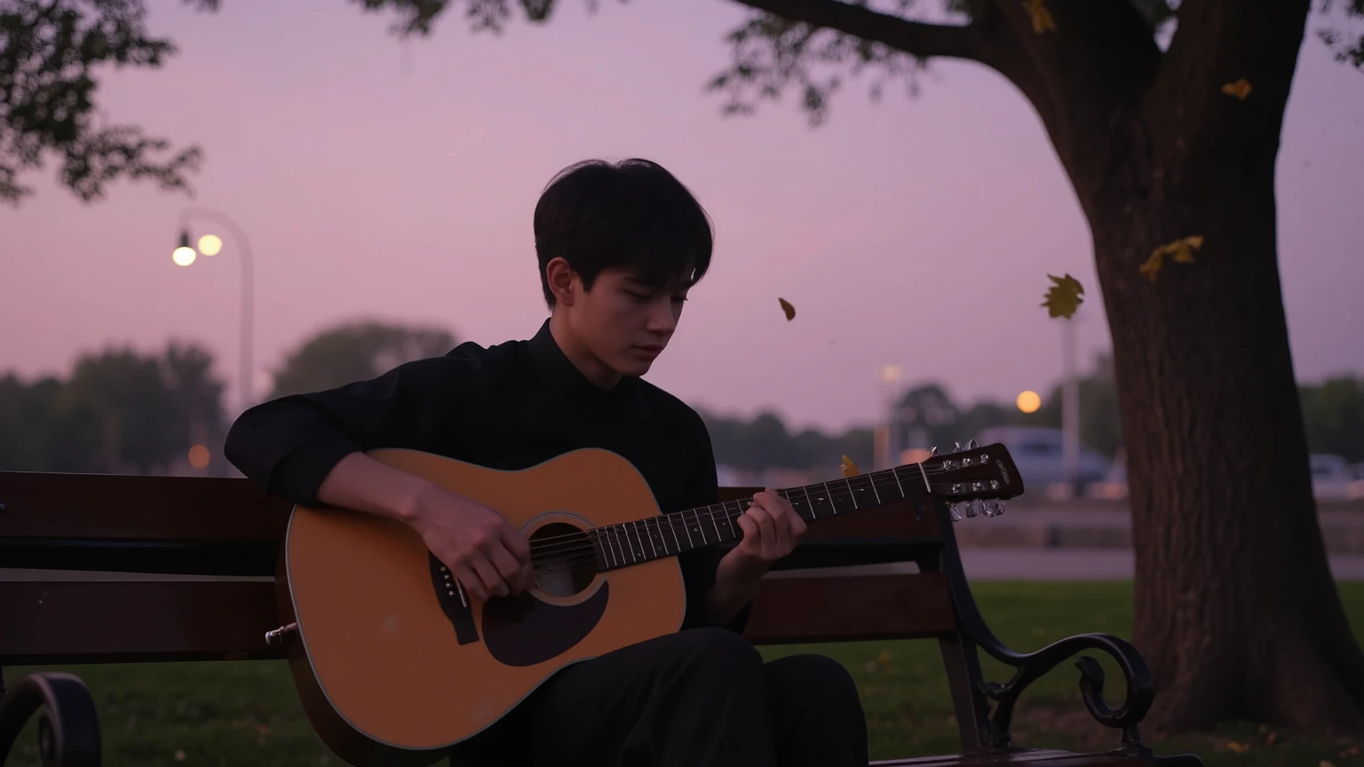 A young man sitting alone on a park bench at twilight, playing an acoustic guitar. The photo is taken from the side, with the subject centered in the frame. The sky glows with soft purples and golden hues as the sun sets. Autumn leaves fall gently around him, carried by a soft breeze. He plays with a melancholic expression, lost in emotion. The atmosphere is quiet, dreamy, and poetic — perfect for a YouTube music playlist cover. Cinematic lighting, soft focus background, warm tones, emotionally aesthetic mood